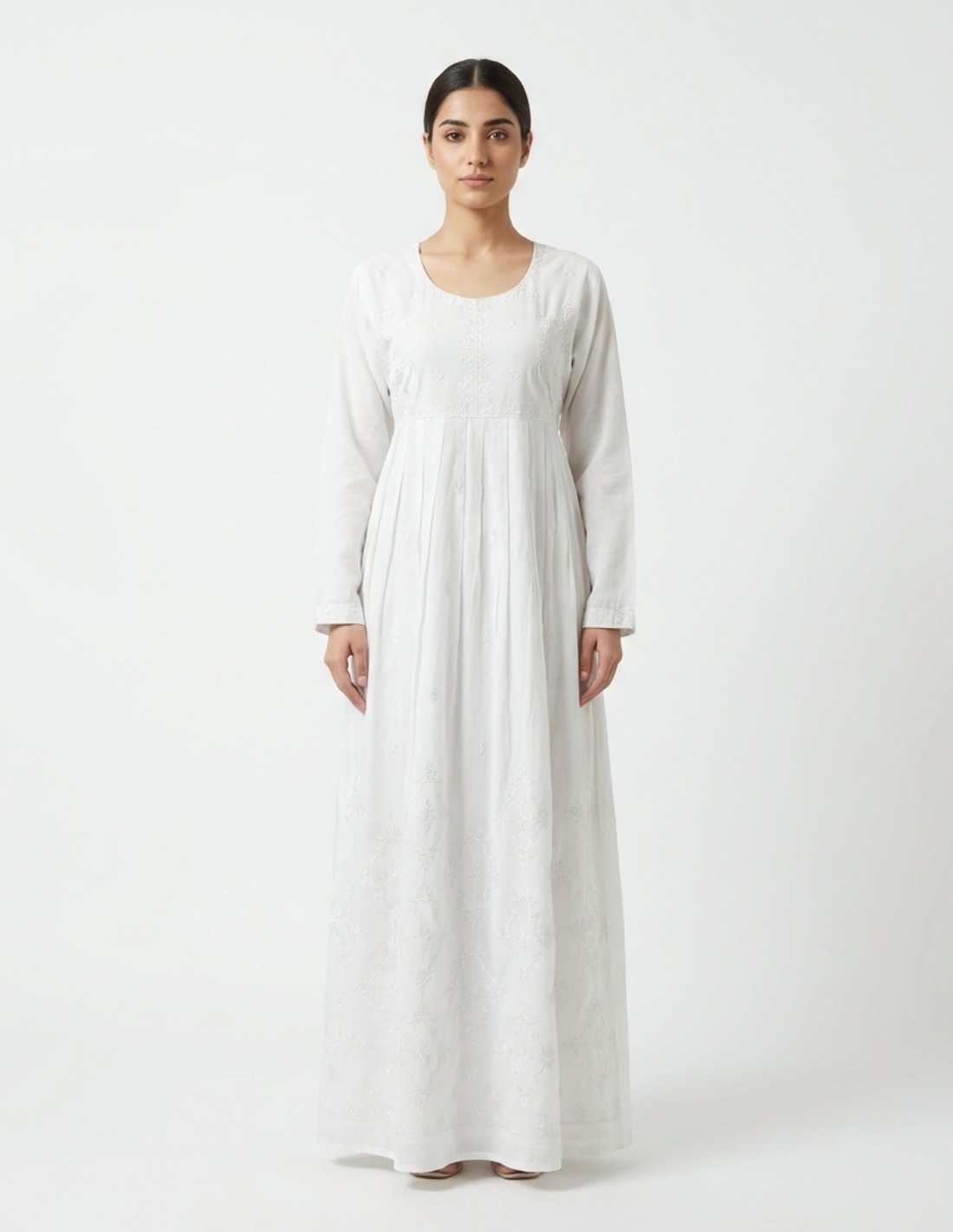 Pure White Jalabiya with Delicate Embroidery and Pleats