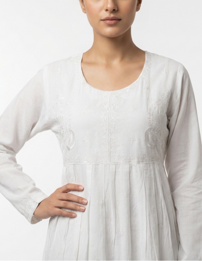 Pure White Jalabiya with Delicate Embroidery and Pleats
