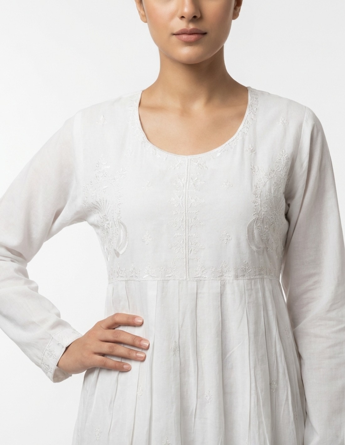 Pure White Jalabiya with Delicate Embroidery and Pleats