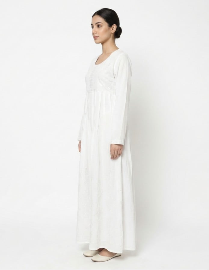 Pure White Jalabiya with Delicate Embroidery and Pleats
