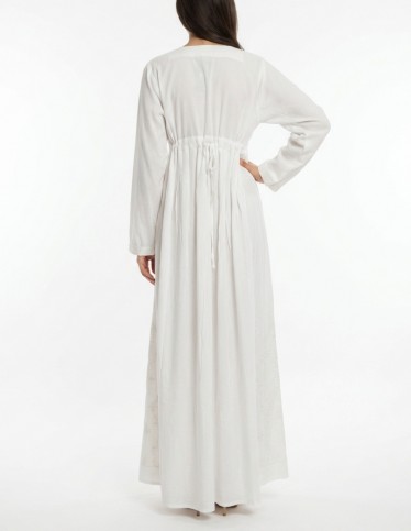 Pure White Jalabiya with Delicate Embroidery and Pleats