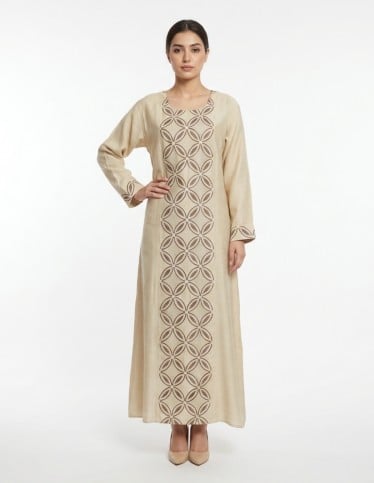 Elegant Beige Jalabiya with Circular Embroidery