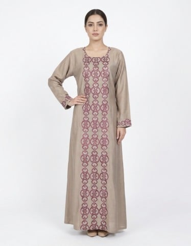 Elegant Taupe & Purple Embroidered Jalabiya