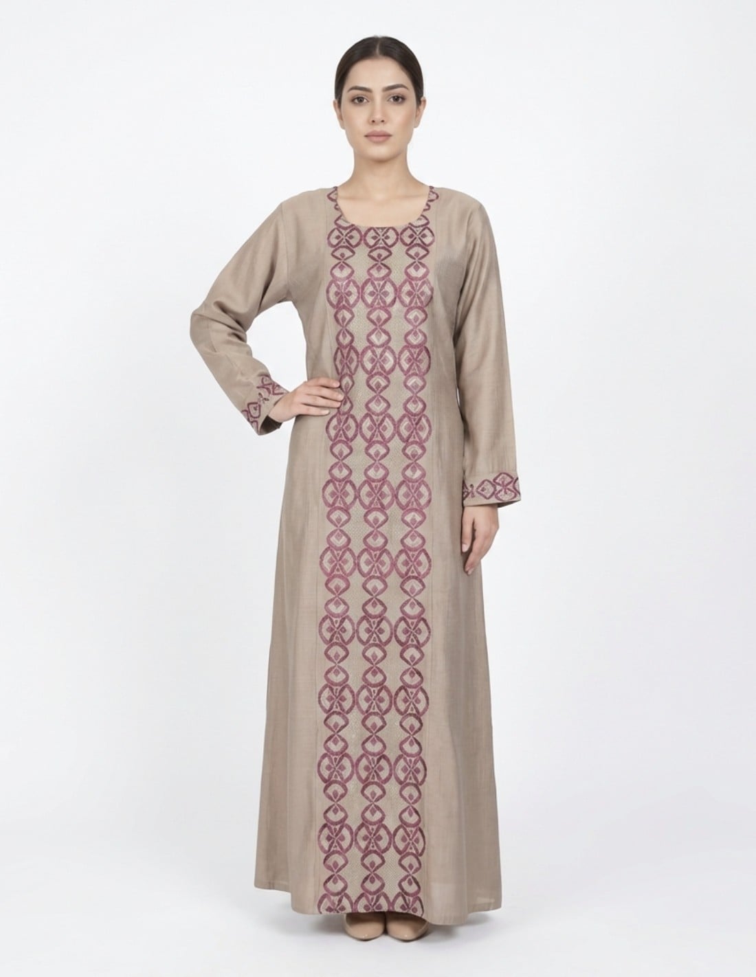 Elegant Taupe & Purple Embroidered Jalabiya