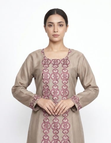 Elegant Taupe & Purple Embroidered Jalabiya