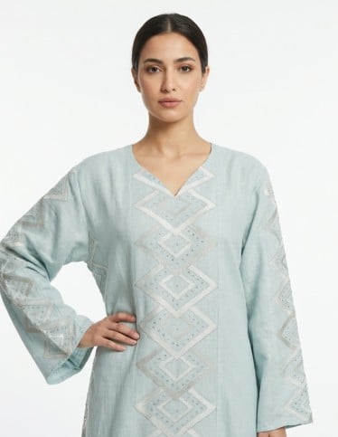 Serene Aqua Geometric Embroidered Jalabiya