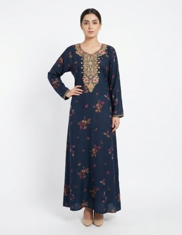 Navy Floral Jalabiya with Luxurious Gold Embroidery