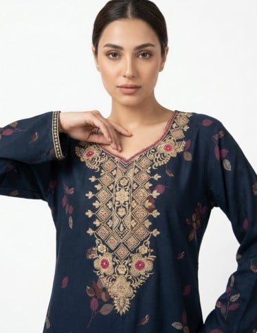 Navy Floral Jalabiya with Luxurious Gold Embroidery