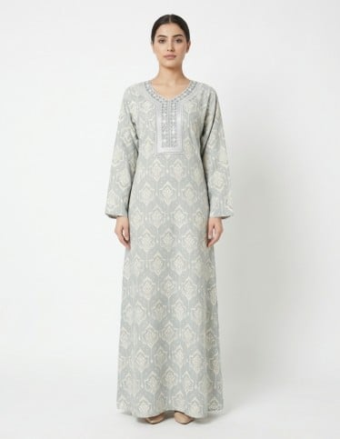 Elegant Jalabiya with Heritage Pattern and Silver Embroidery