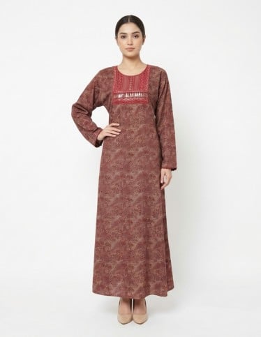 Maroon Patterned Jalabiya with Embroidered & Sequined Yoke