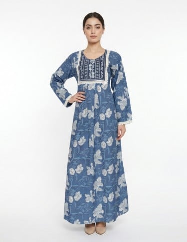 Blue Floral Print Jalabiya with Embroidered Yoke and White Lace