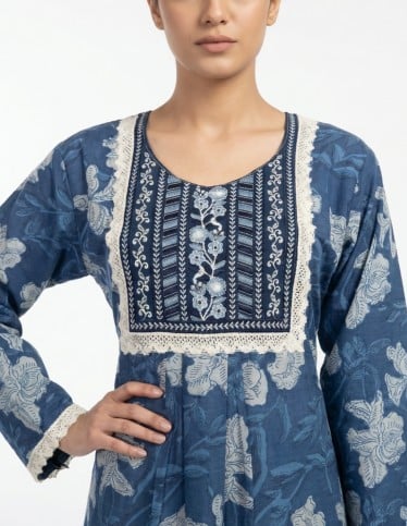 Blue Floral Print Jalabiya with Embroidered Yoke and White Lace