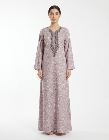 Lavender Geometric Print Jalabiya with Embroidered Neckline