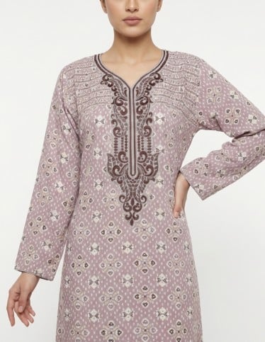 Lavender Geometric Print Jalabiya with Embroidered Neckline