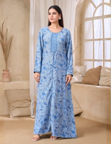 Blue Floral Embroidered Long Jalabiya