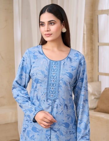 Blue Floral Embroidered Long Jalabiya
