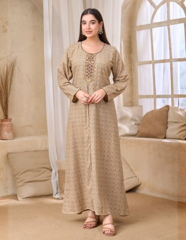 Beige Geometric Embroidered Long Jalabiya