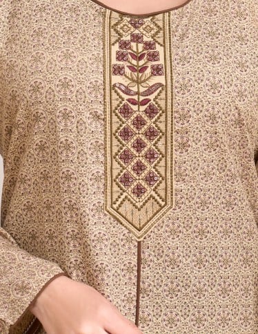 Beige Geometric Embroidered Long Jalabiya