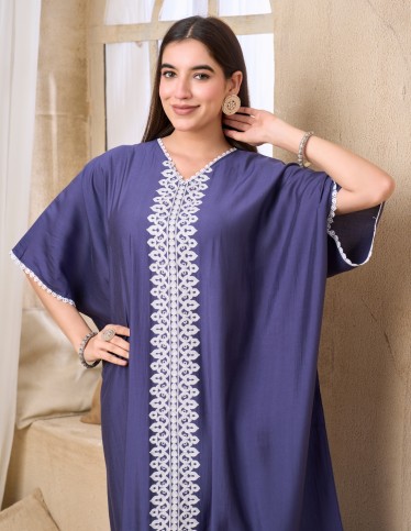 Elegant Dark Blue Kaftan with White Embroidery