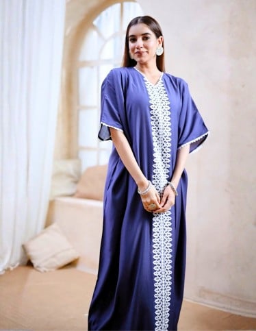 Elegant Dark Blue Kaftan with White Embroidery