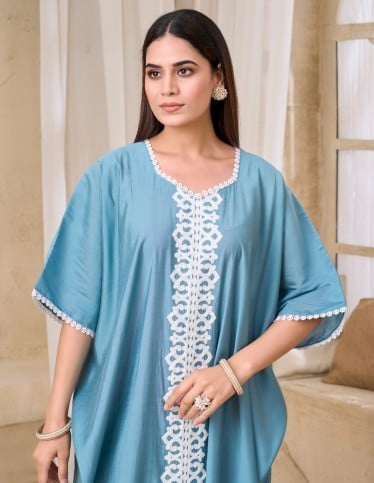 Serene Sky Blue Kaftan with Classic White Embroidery