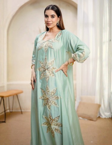 Chic Mint Green Jalabiya with Distinctive Star Embroidery