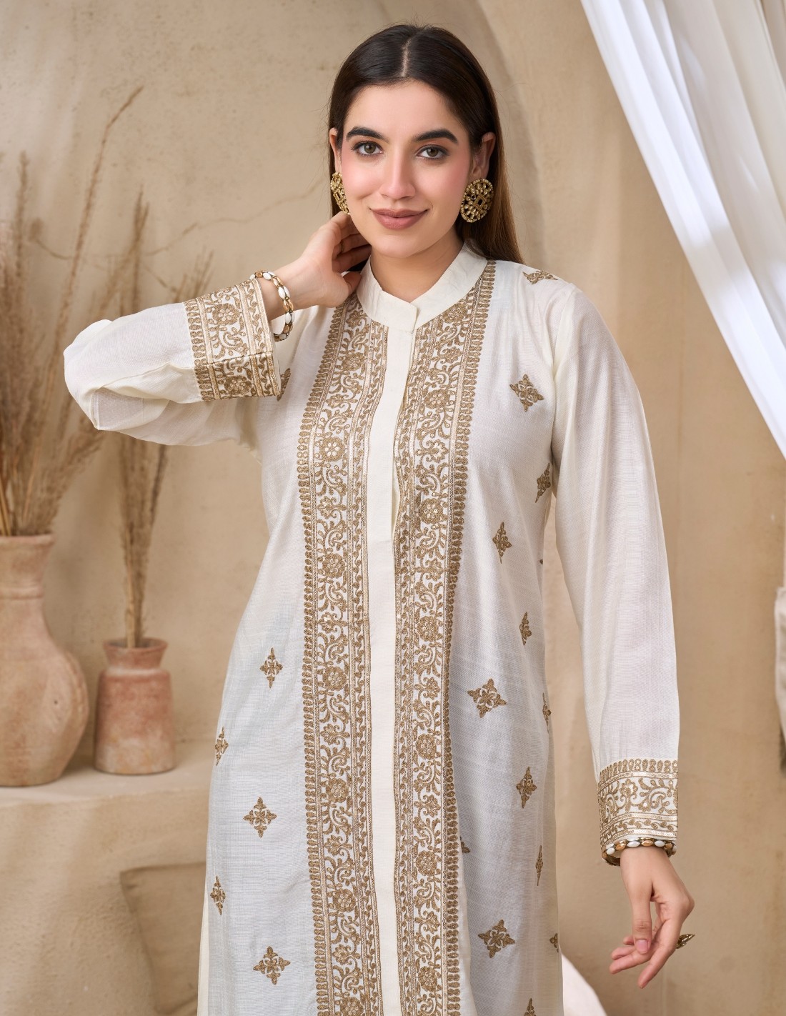 Ivory Gold Embroidered Jalabiya