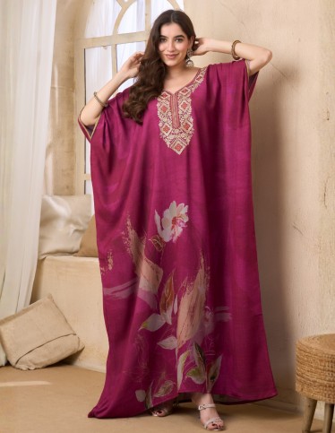 Fuchsia Floral Embroidered Kaftan Jalabiya