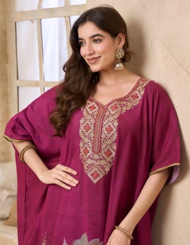 Fuchsia Floral Embroidered Kaftan Jalabiya