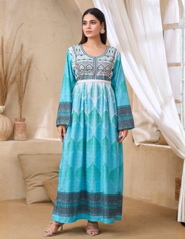 Vibrant Turquoise Jalabiya with Intricate Patterns