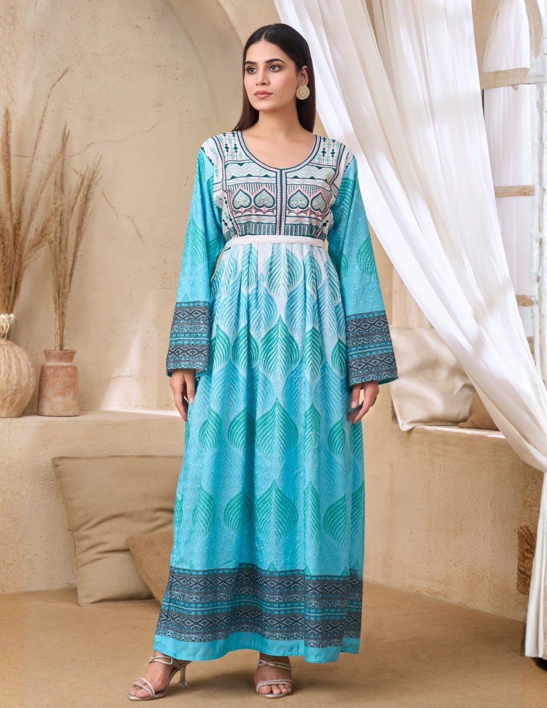 Vibrant Turquoise Jalabiya with Intricate Patterns