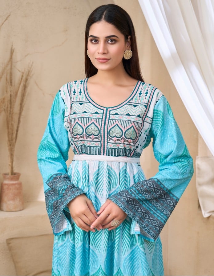 Vibrant Turquoise Jalabiya with Intricate Patterns