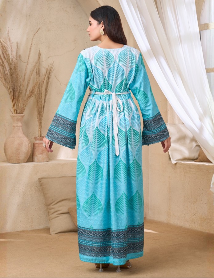 Vibrant Turquoise Jalabiya with Intricate Patterns