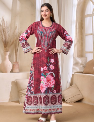 Regal Maroon Jalabiya with Floral & Ethnic Prints