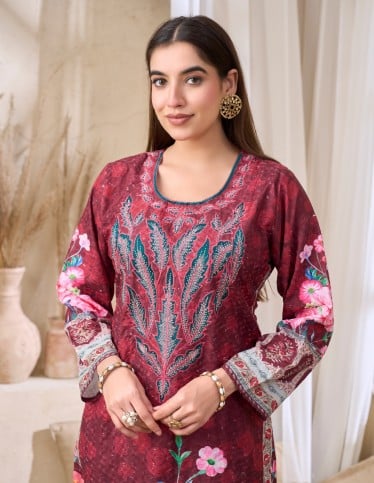 Regal Maroon Jalabiya with Floral & Ethnic Prints