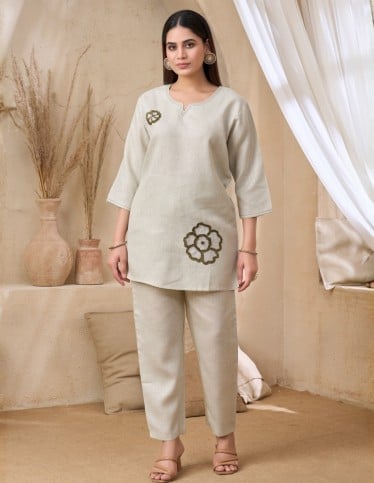 Natural Beige Jalabiya Set with Floral Embroidery