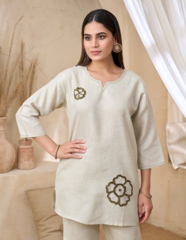 Natural Beige Jalabiya Set with Floral Embroidery