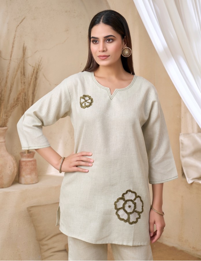 Natural Beige Jalabiya Set with Floral Embroidery
