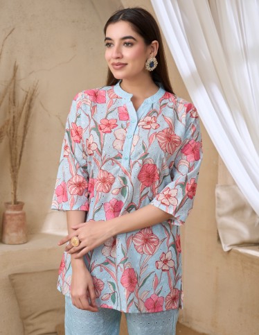 Sky Blue Floral Print Jalabiya Set