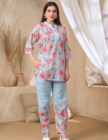 Sky Blue Floral Print Jalabiya Set
