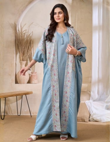 Light Blue Jalabiya with Embroidered Overlay