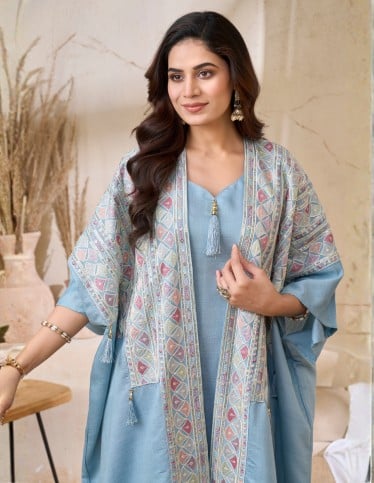 Light Blue Jalabiya with Embroidered Overlay
