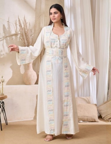 Off-White Jalabiya with Embroidered Belt