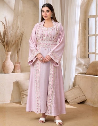 Embroidered Pink Jalabiya with Belt