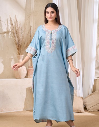 Serene Blue Geometric Embroidered Jalabiya