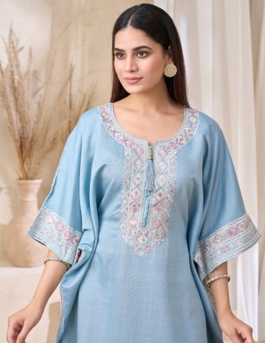 Serene Blue Geometric Embroidered Jalabiya