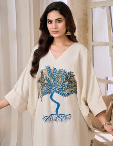 Cream Jalabiya with Blue and Gold Tree Embroidery