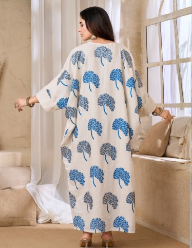Cream Jalabiya with Blue and Gold Tree Embroidery