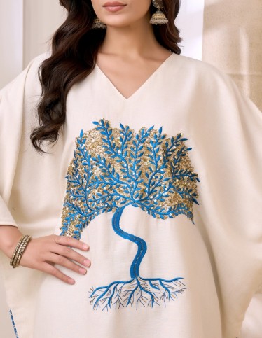 Cream Jalabiya with Blue and Gold Tree Embroidery