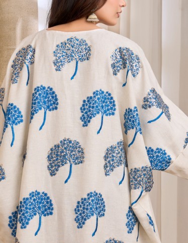 Cream Jalabiya with Blue and Gold Tree Embroidery